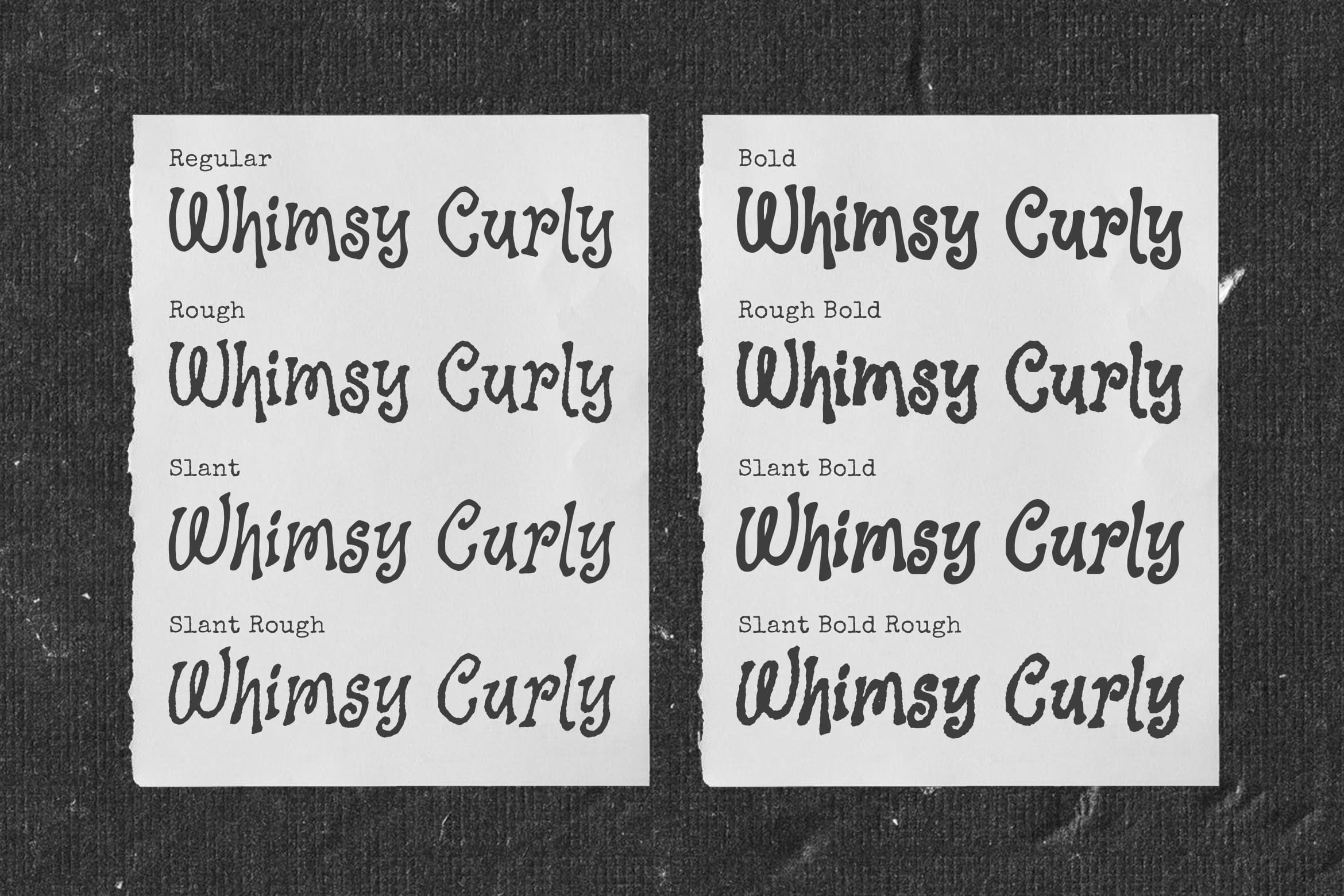 Whimsy Curly font family showing regular, bold, rough, slant variations on paper