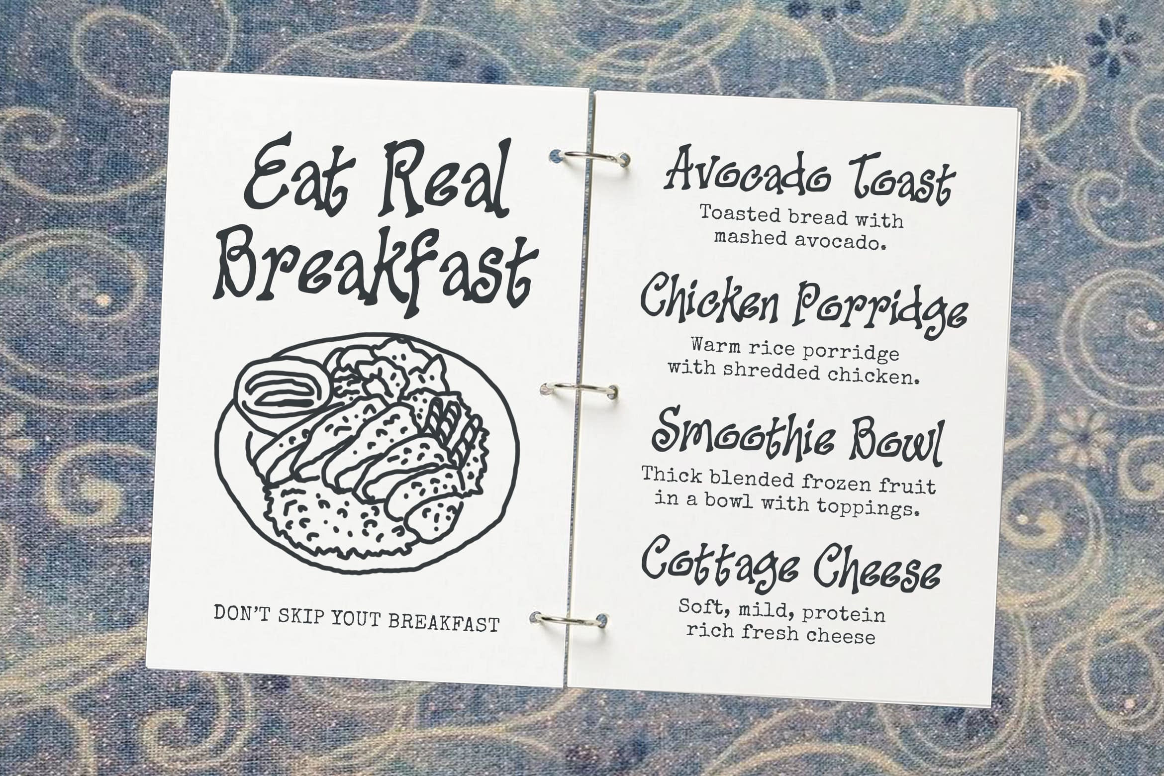 Handwritten breakfast menu mockup with spiral binding on patterned fabric backdrop