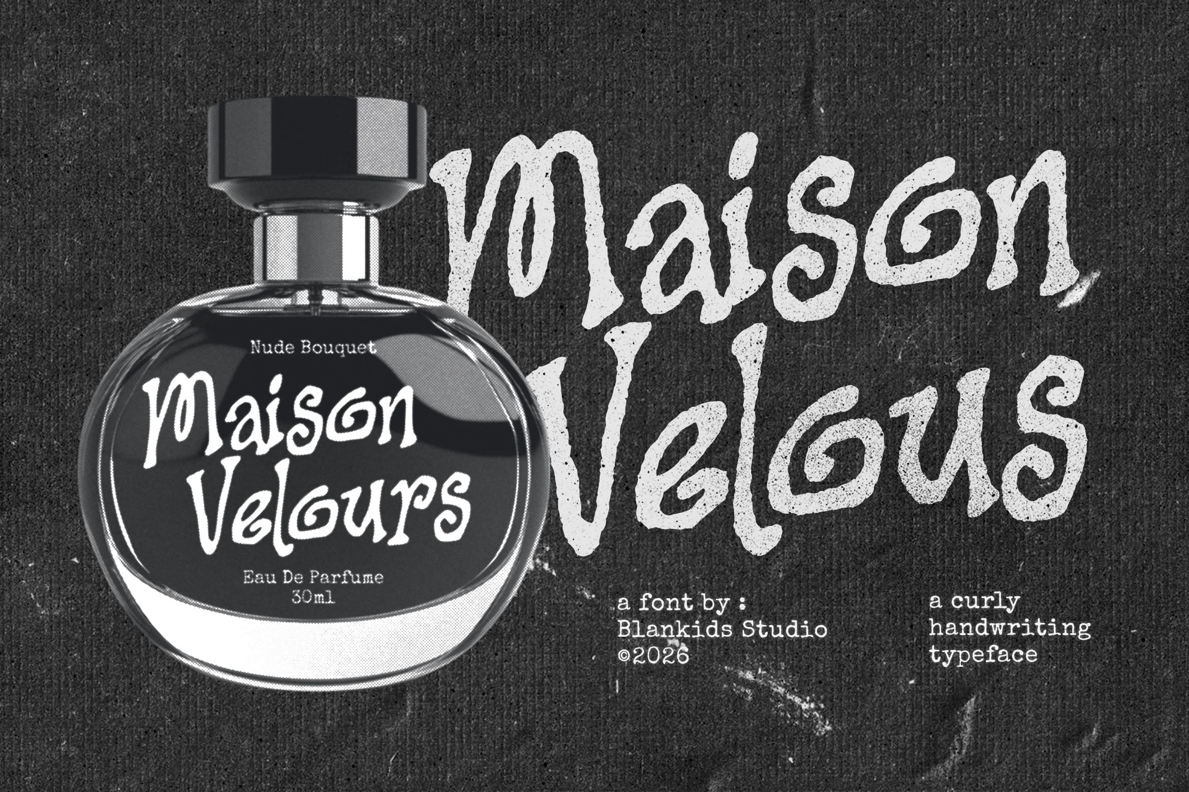 Maison Velours font display with perfume bottle mockup on textured dark background