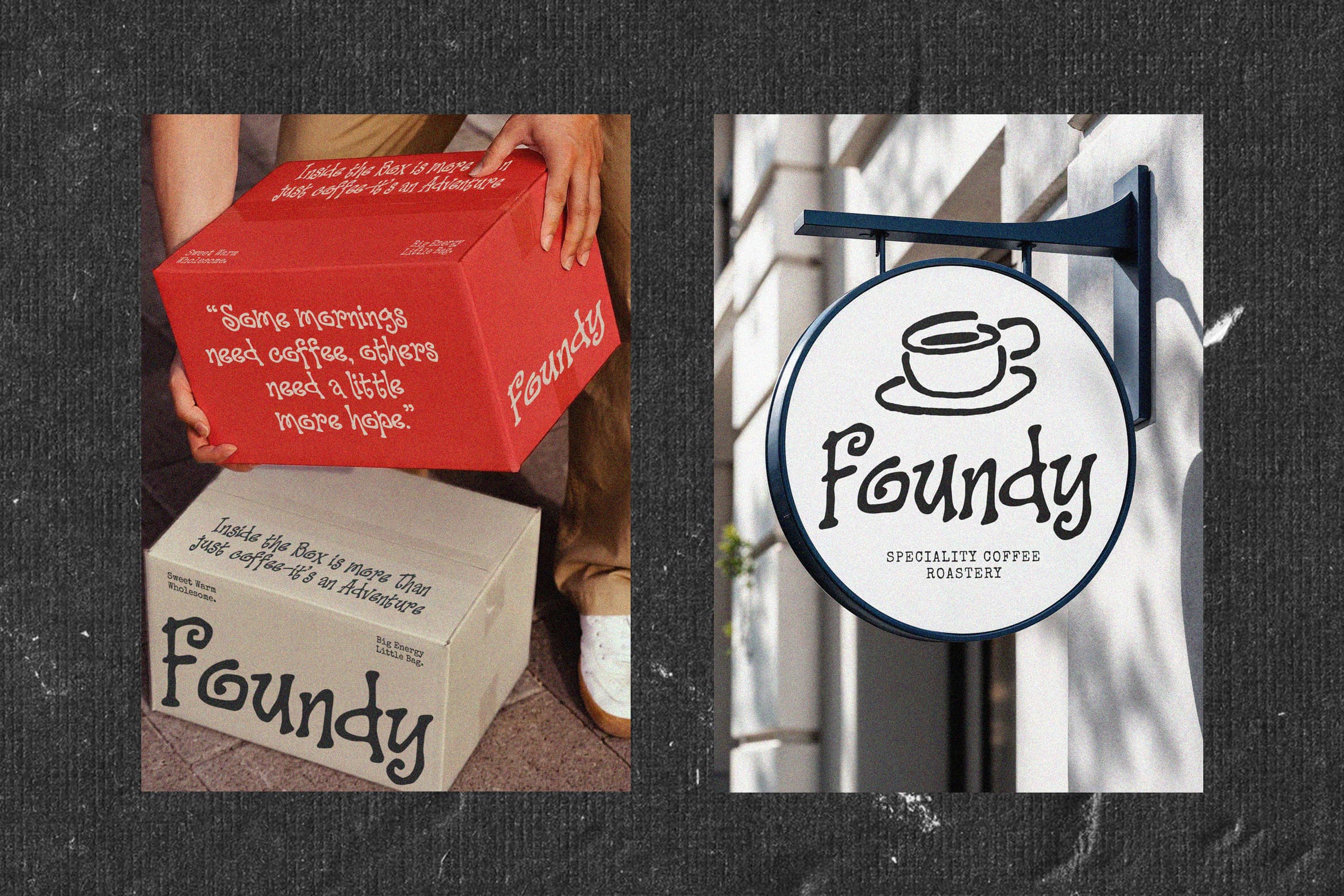 Foundy coffee shop branding mockup showing red box packaging, kraft box, hanging sign with cup logo