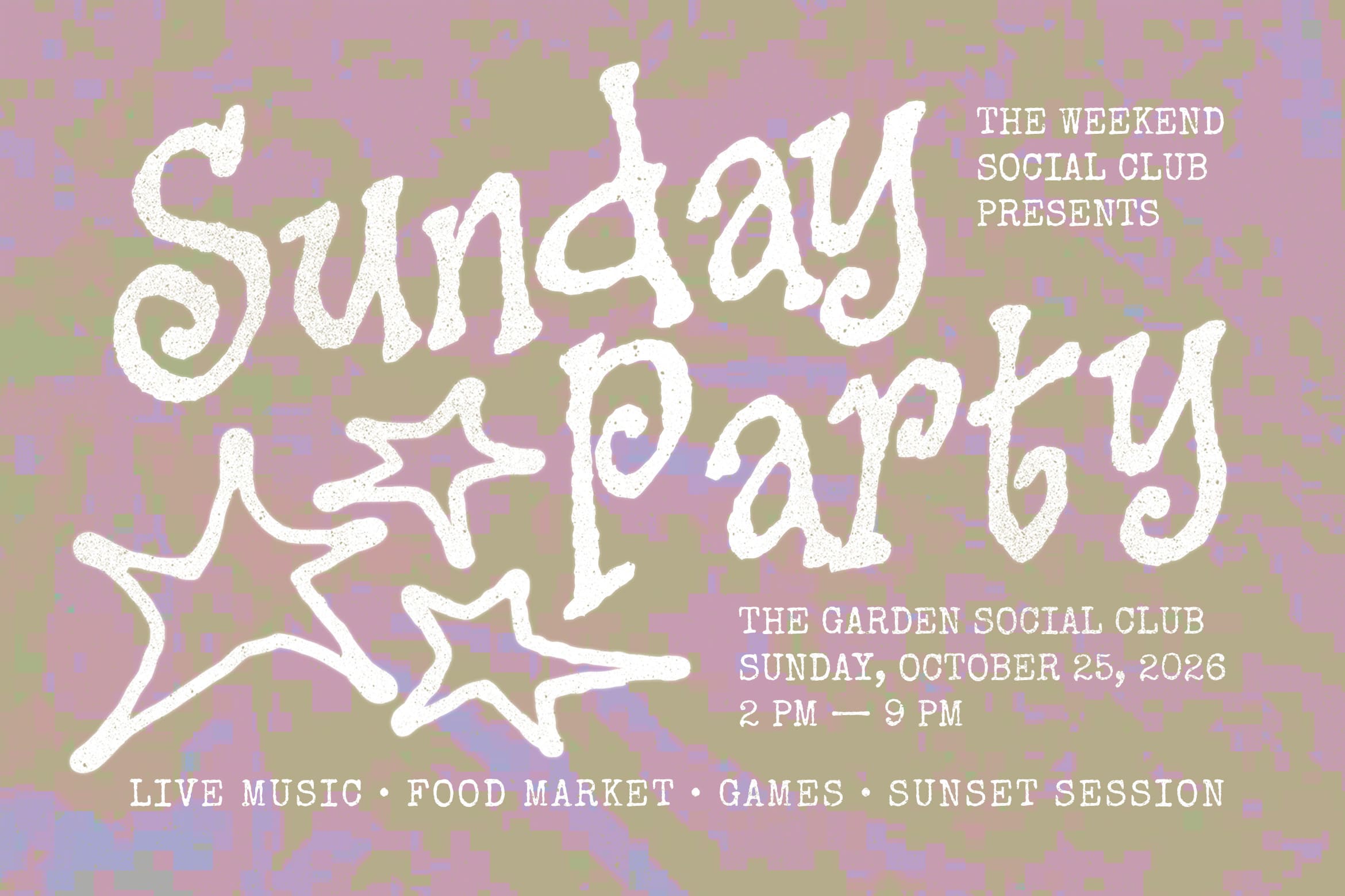 Retro event poster for Sunday party with white hand-drawn text on pixelated pastel background