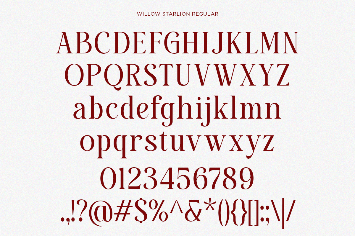 Willow Starlion Regular font showing uppercase, lowercase, numbers, punctuation in deep burgundy on cream background