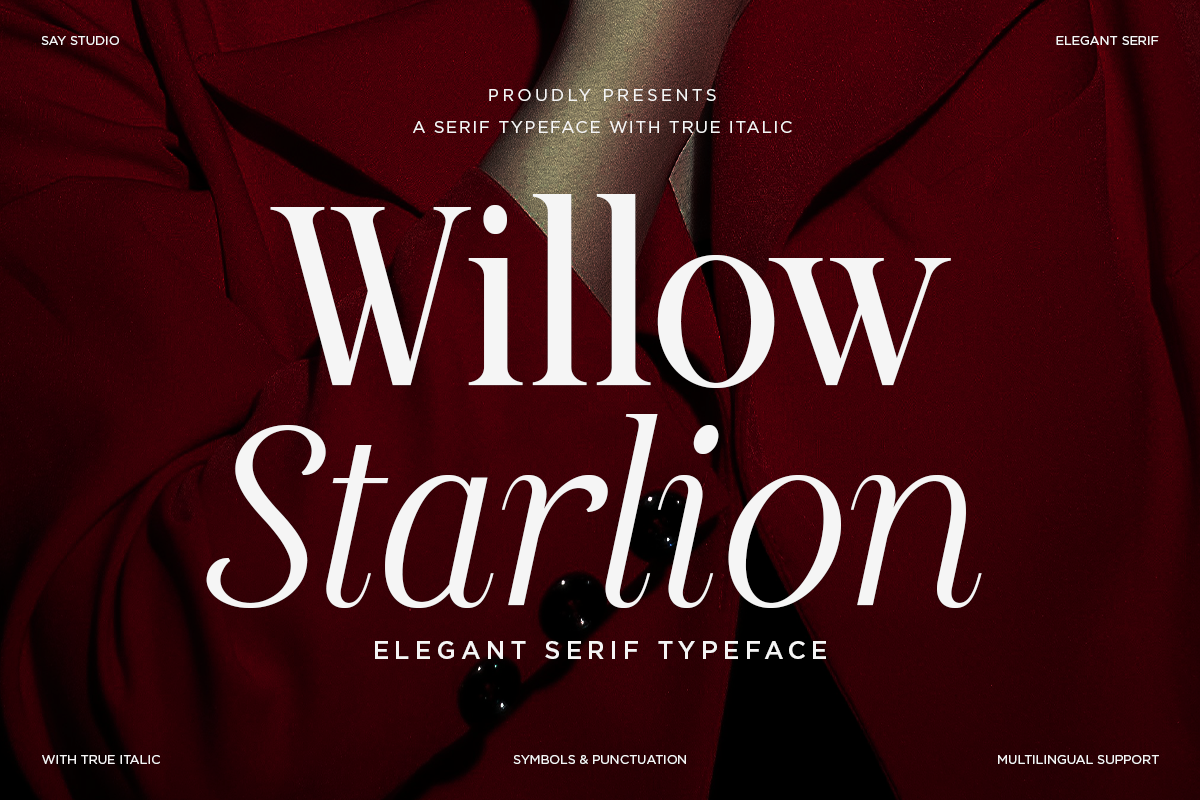 Willow Starling serif typeface displayed in white on deep burgundy floral background