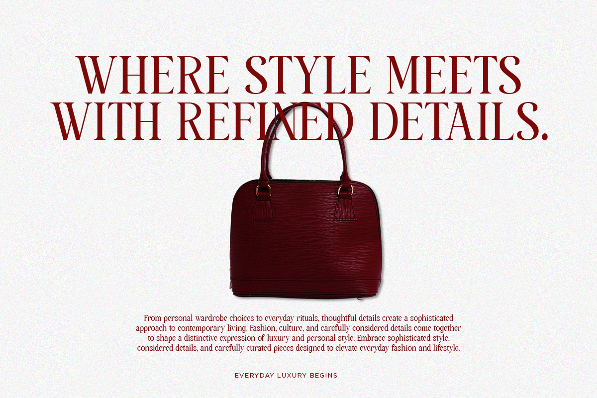 Burgundy leather handbag with serif typography about style meeting refined details