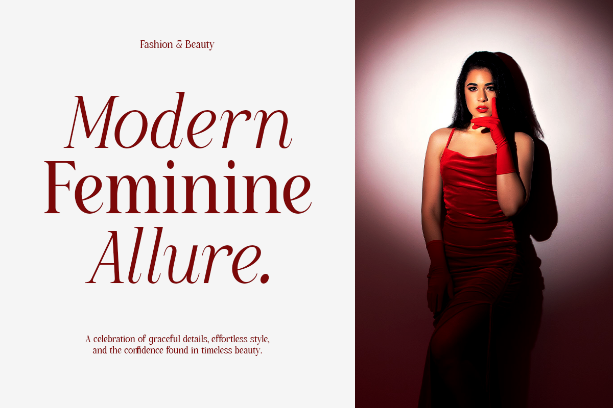 Woman in red satin dress with matching gloves posing against moody burgundy backdrop