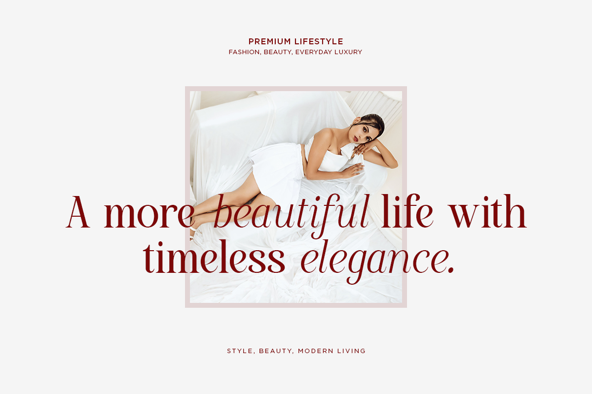 Woman in white sheet on bed with burgundy text overlay about timeless elegance