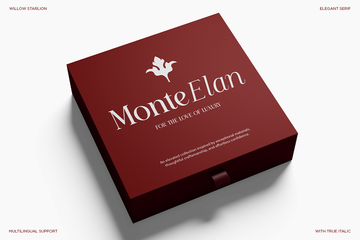 Deep burgundy luxury box mockup with winged pegasus logo, Monte Elan branding in elegant serif type