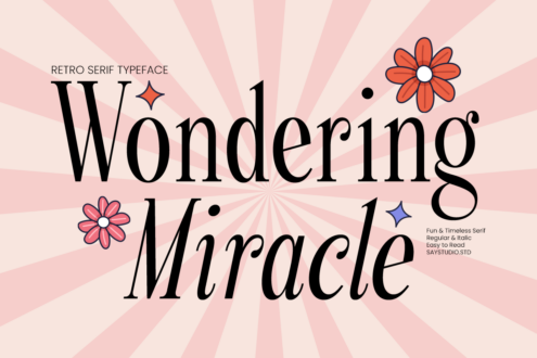 Wondering Miracle retro serif font with groovy pink sunburst, flowers, sparkles on cream background