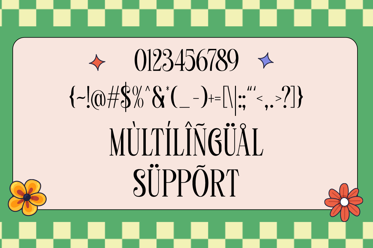 Retro font specimen showing multilingual characters, numbers, symbols with dingbat flowers on checkered background