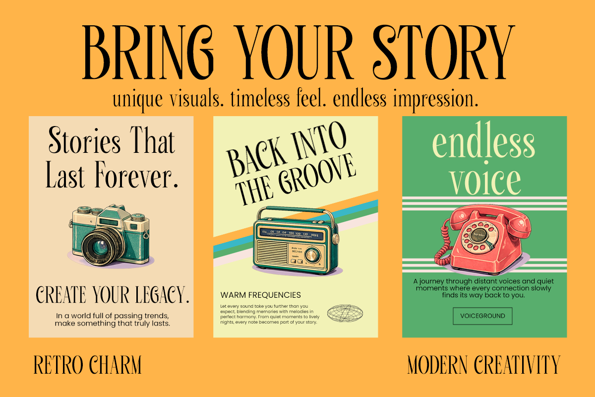 Retro poster grid with vintage camera, radio, plus rotary phone on mustard background