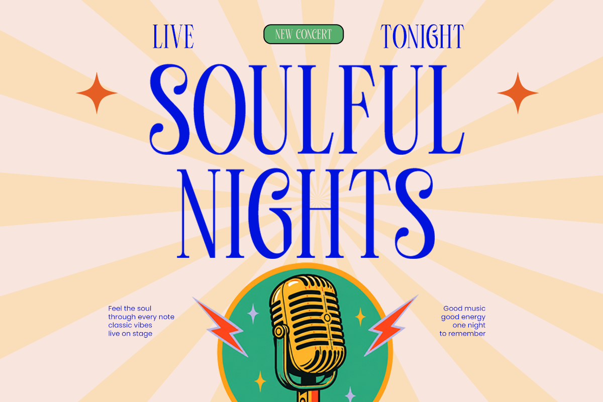 Retro concert poster with bold blue "Soulful Nights" text, vintage mic, radiating sunburst design