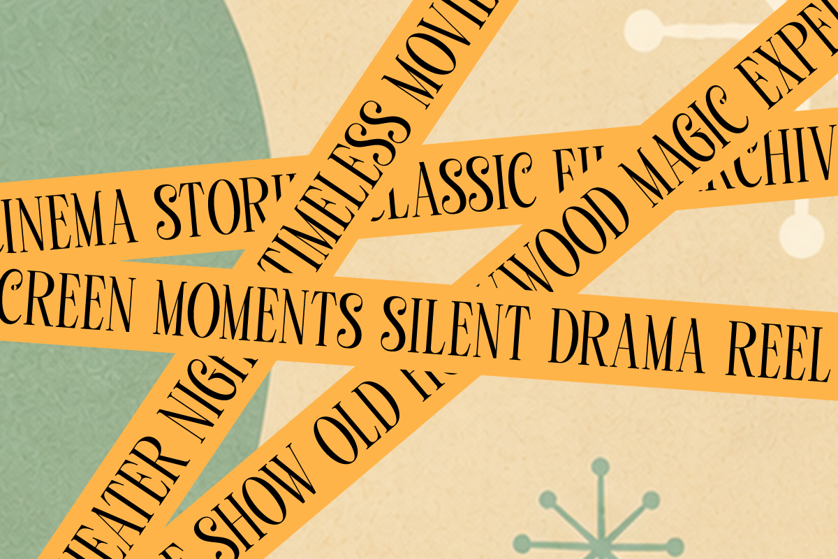 Vintage movie poster aesthetic with gold ribbon banners crossing cream background with cinema terms in serif type