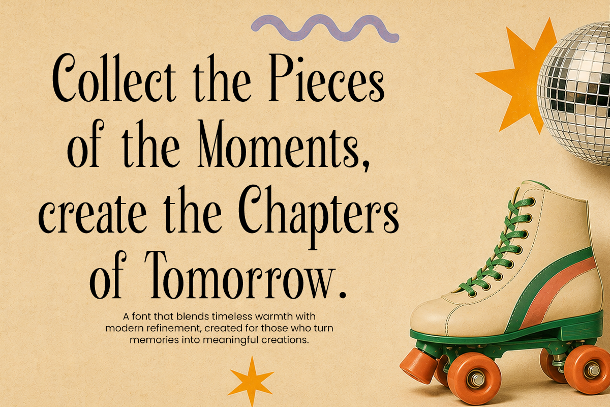 Retro serif font displayed with disco ball, roller skate, orange stars on cream background