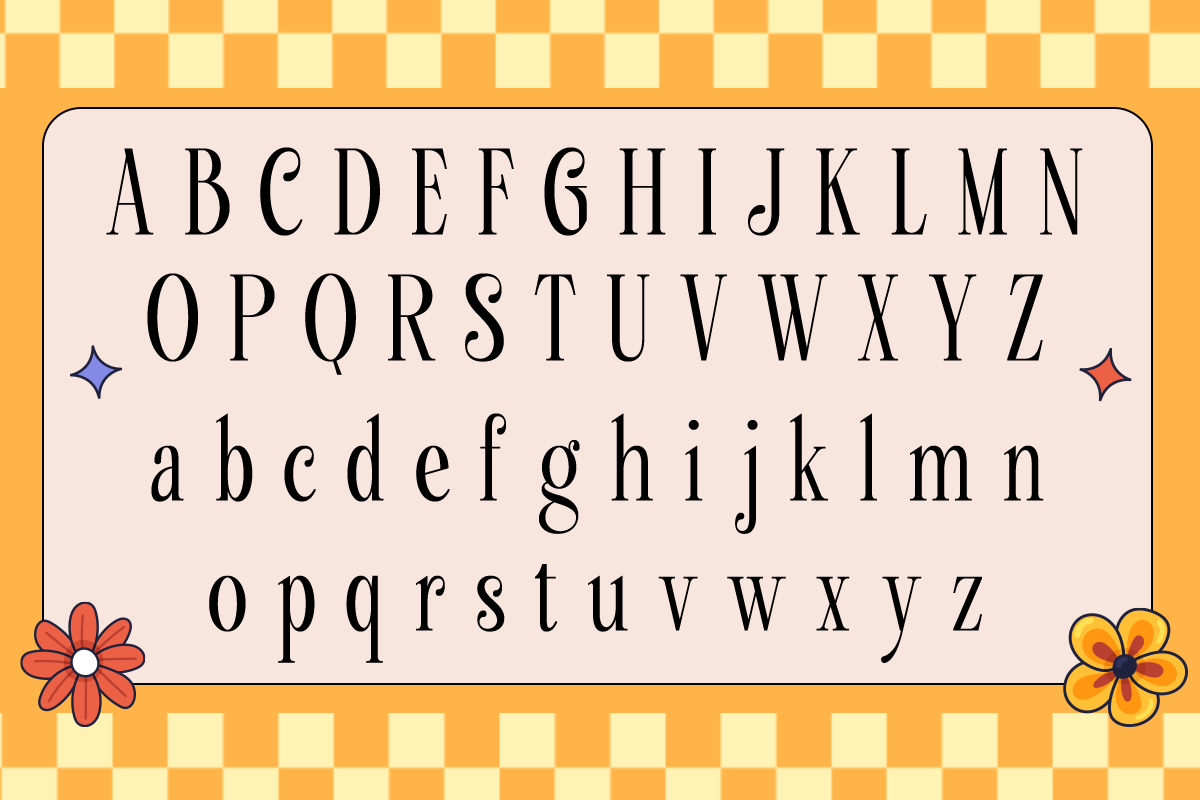 Serif font with full alphabet in caps, lowercase, retro vibes on checkered yellow background