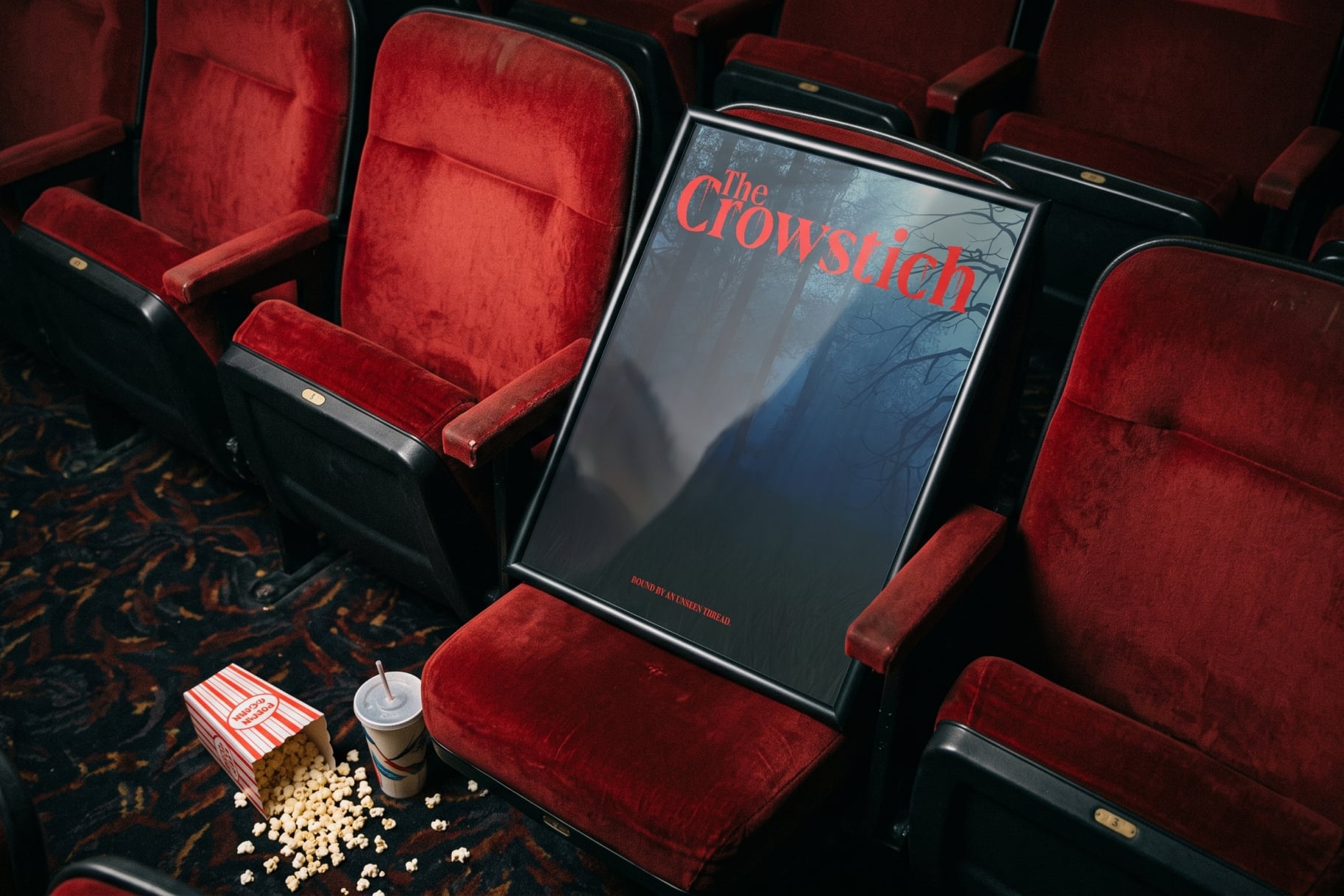 Movie theater seats with red velvet showing "The Crowstitch" on screen, popcorn below