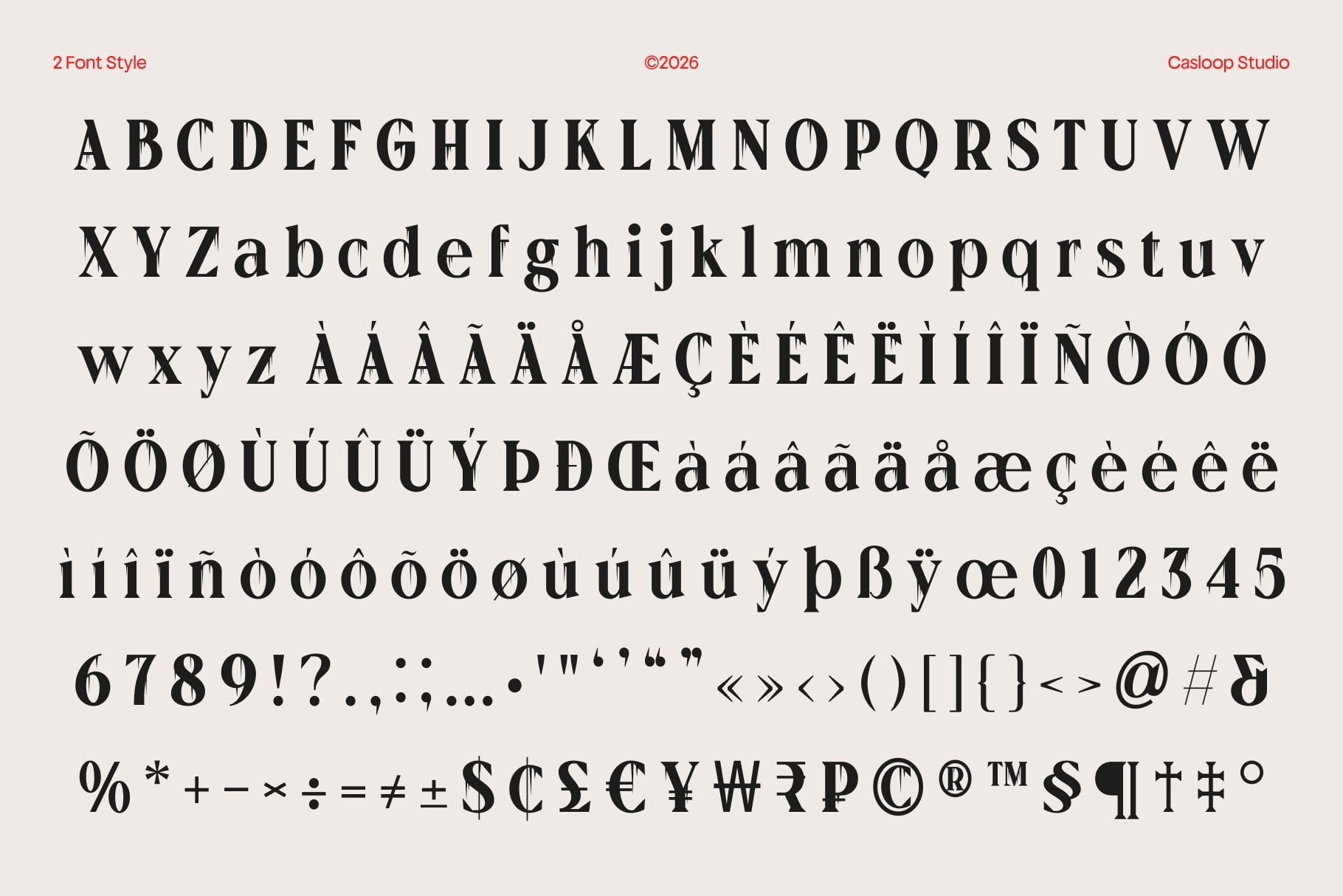 Classic serif font with full character set including accents, numbers, symbols by Casloop Studio