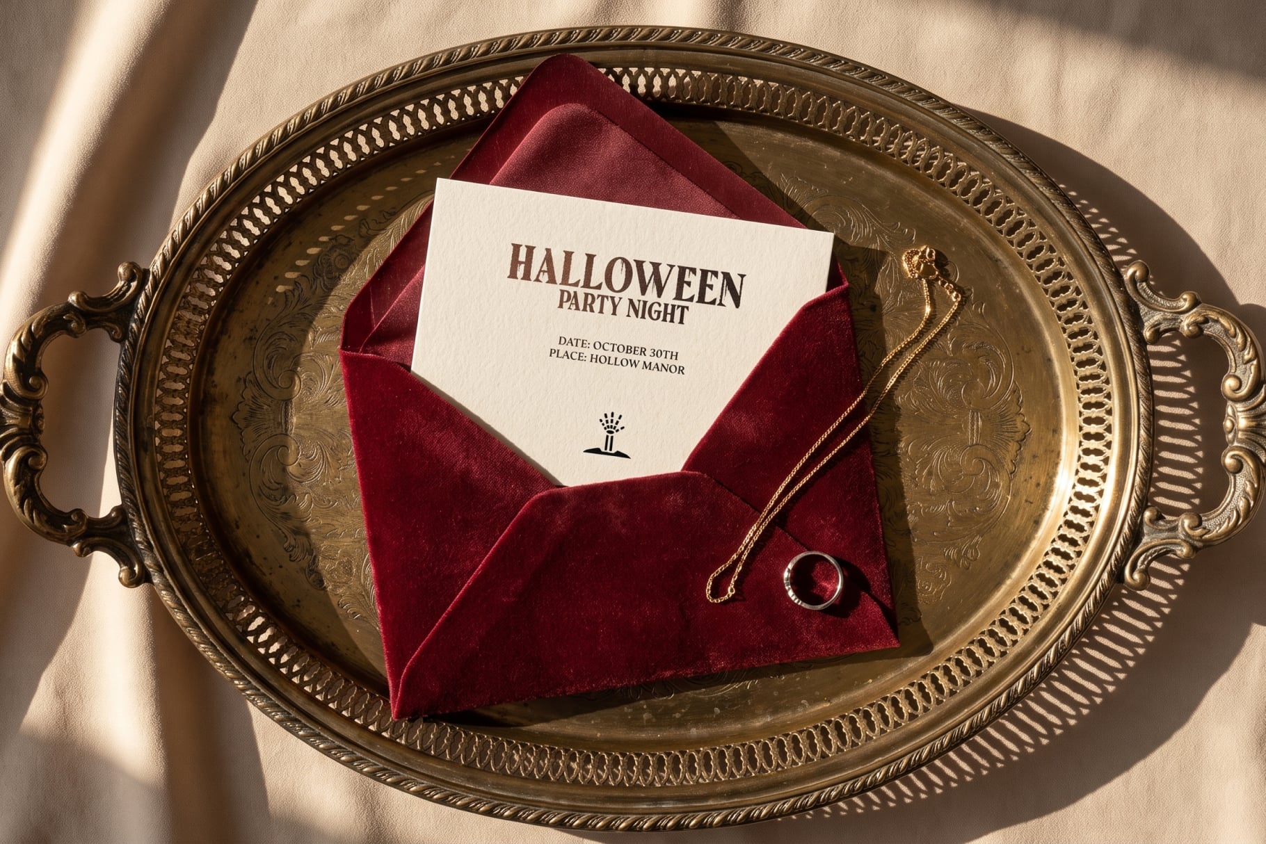 Burgundy velvet envelope with Halloween party invite on ornate gold tray, styled flat lay