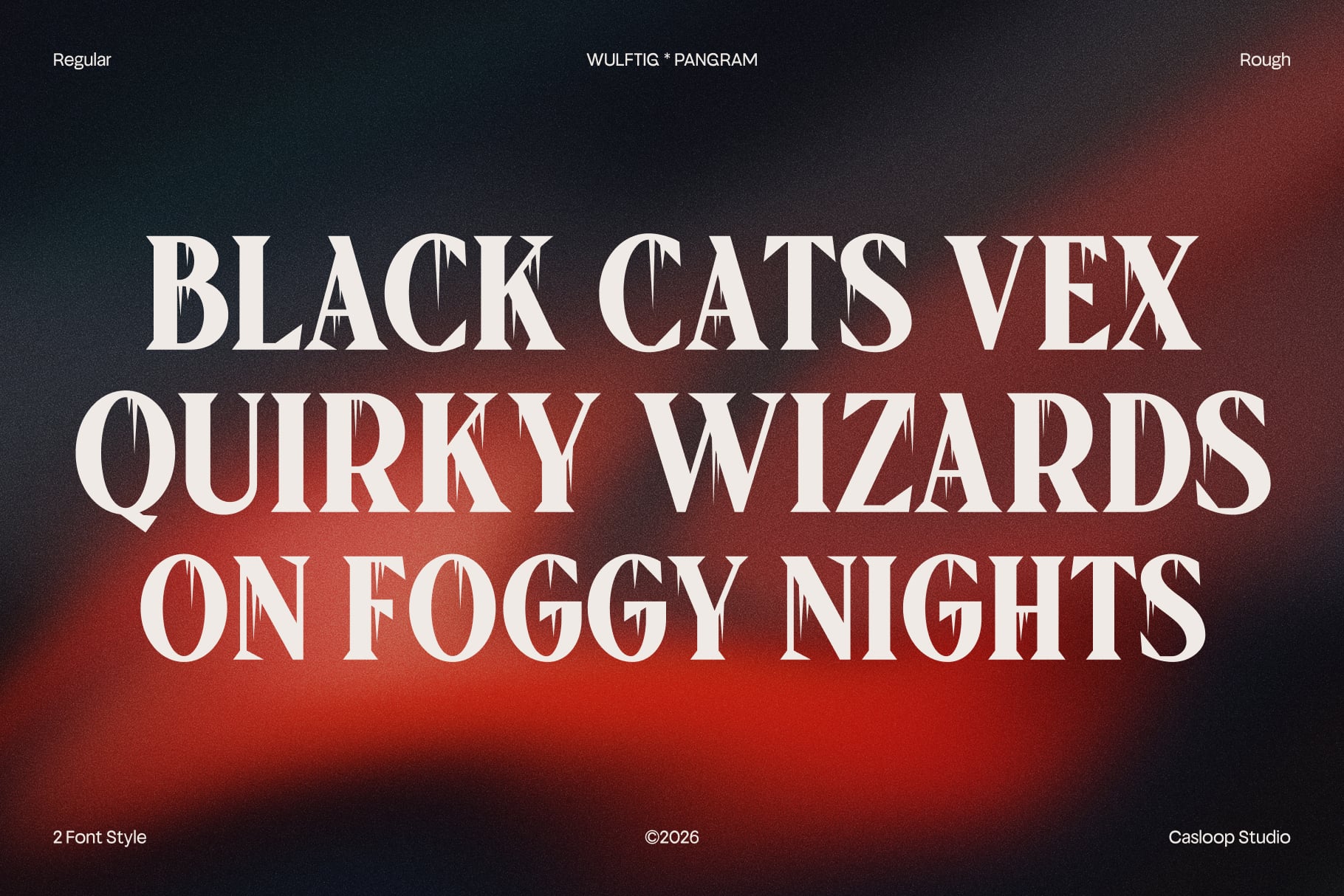 Wulftig Pangram font displayed in regular, rough styles over moody red backdrop