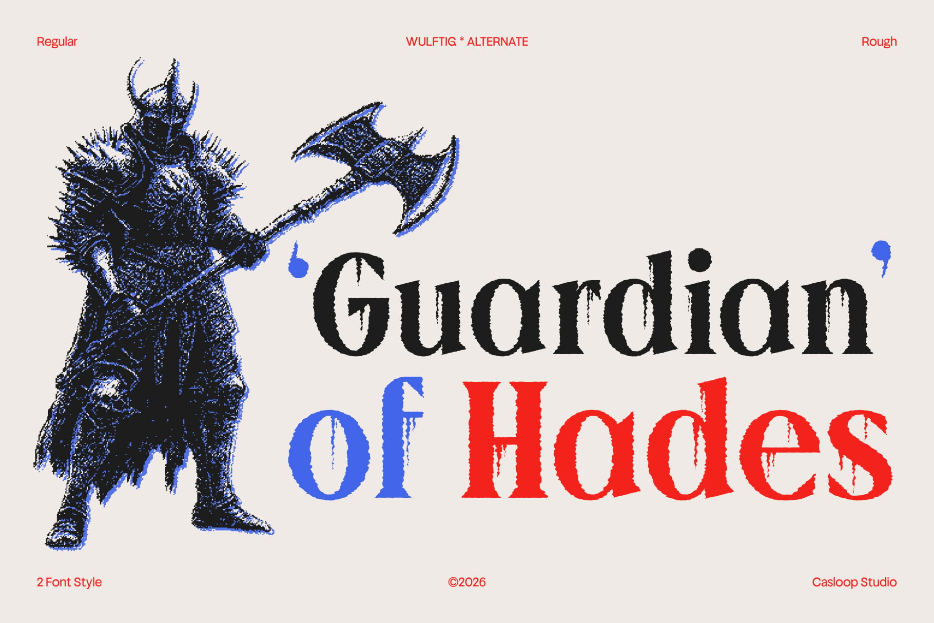Guardian of Hades font with regular, alternate, rough styles shown with dark fantasy character