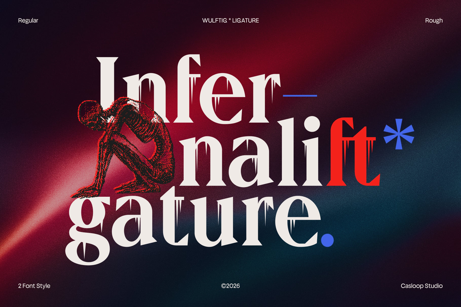 Wulftig Ligature font in regular plus rough styles with moody red to teal gradient background