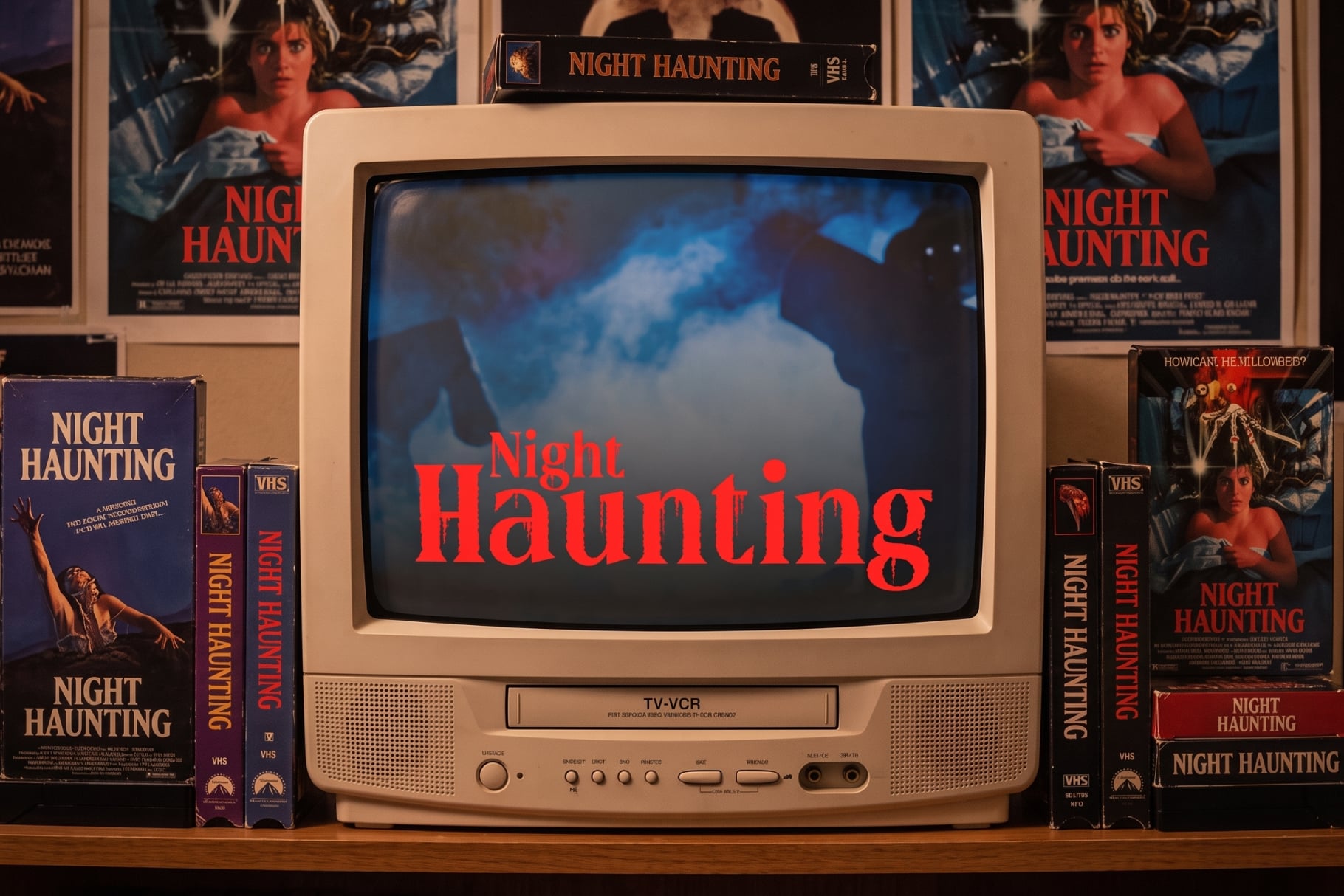 Vintage TV displaying Night Haunting movie title in red text surrounded by VHS tapes