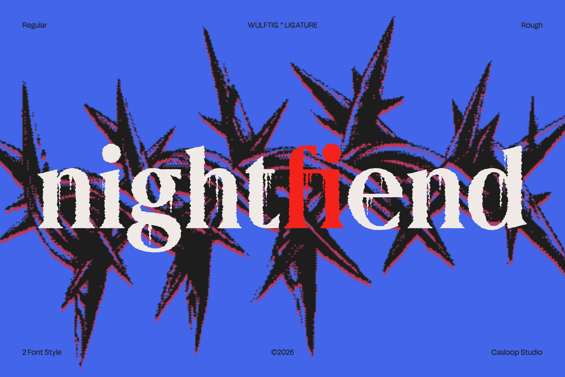 Wulftig Ligature font in white with red accents on bright blue background with spiky shapes