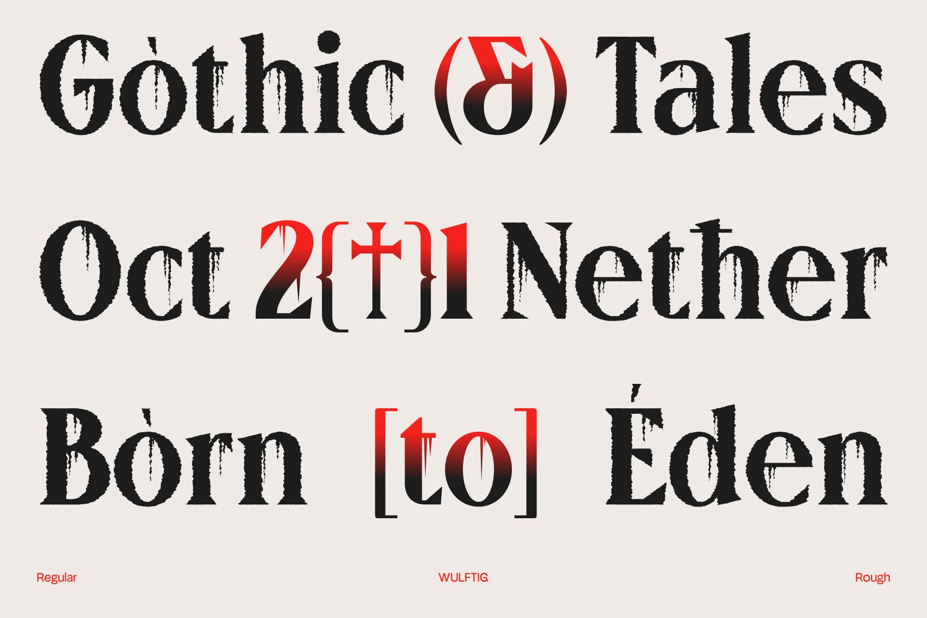 Gothic Tales font family showing Regular, Wulftig, plus Rough styles in black with red accents