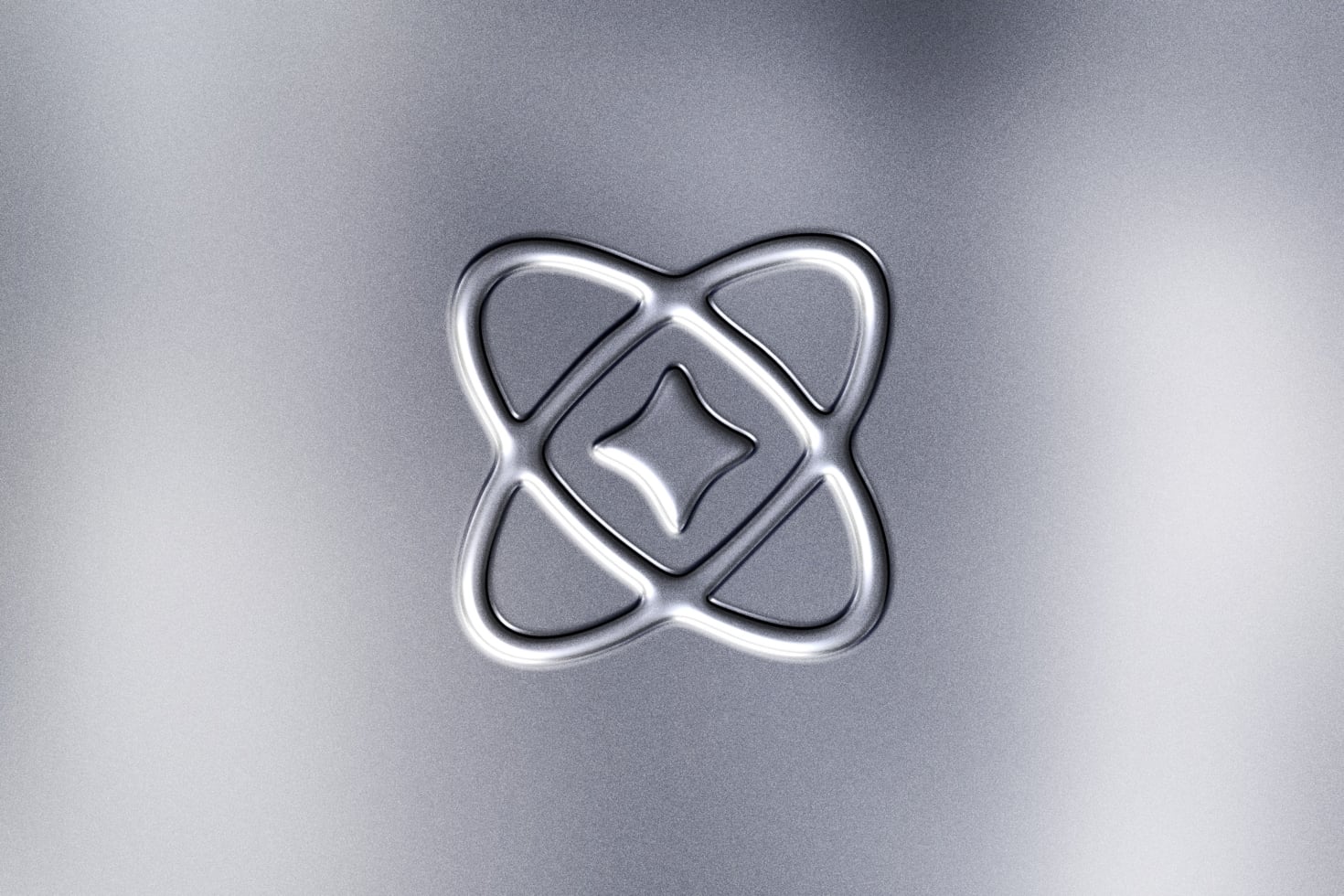 Glowing neon geometric symbol with interlocking curves on brushed metal background