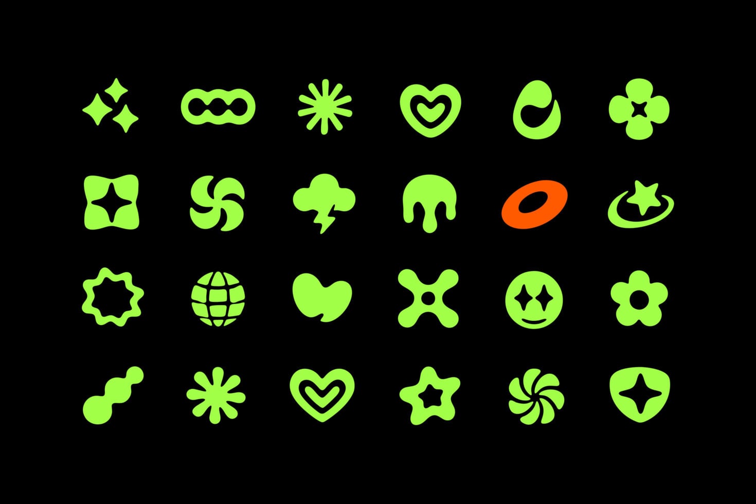 Bright neon lime icon set with stars, hearts, flowers, smiley faces on black
