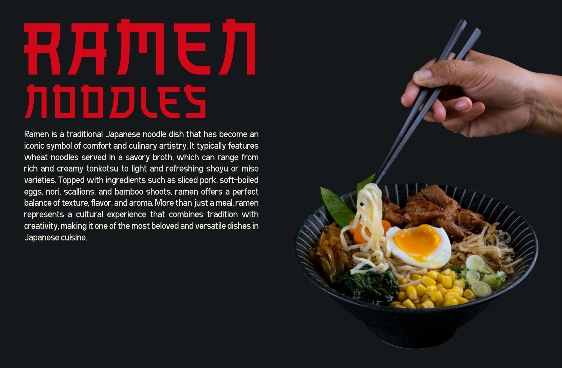 Bowl of ramen with egg, noodles, pork, chopsticks held up against dark background