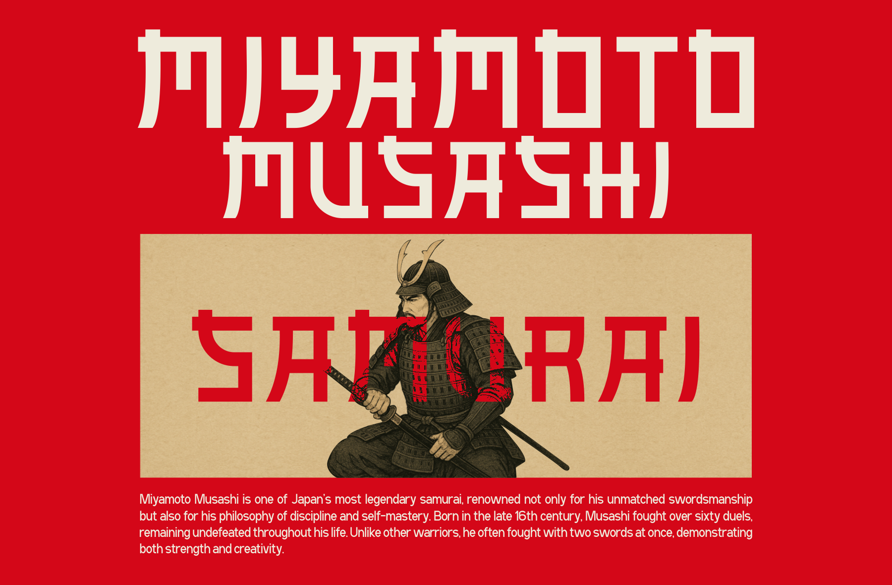 Bold red poster with samurai warrior illustration in cream box, Japanese characters, historical text below