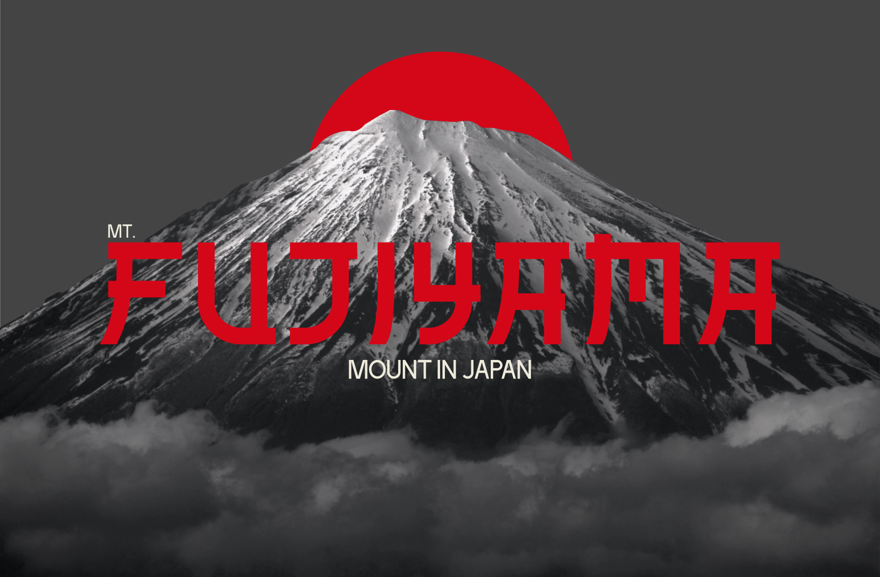 Bold red Japanese typography layered over Mount Fuji with crimson sun backdrop