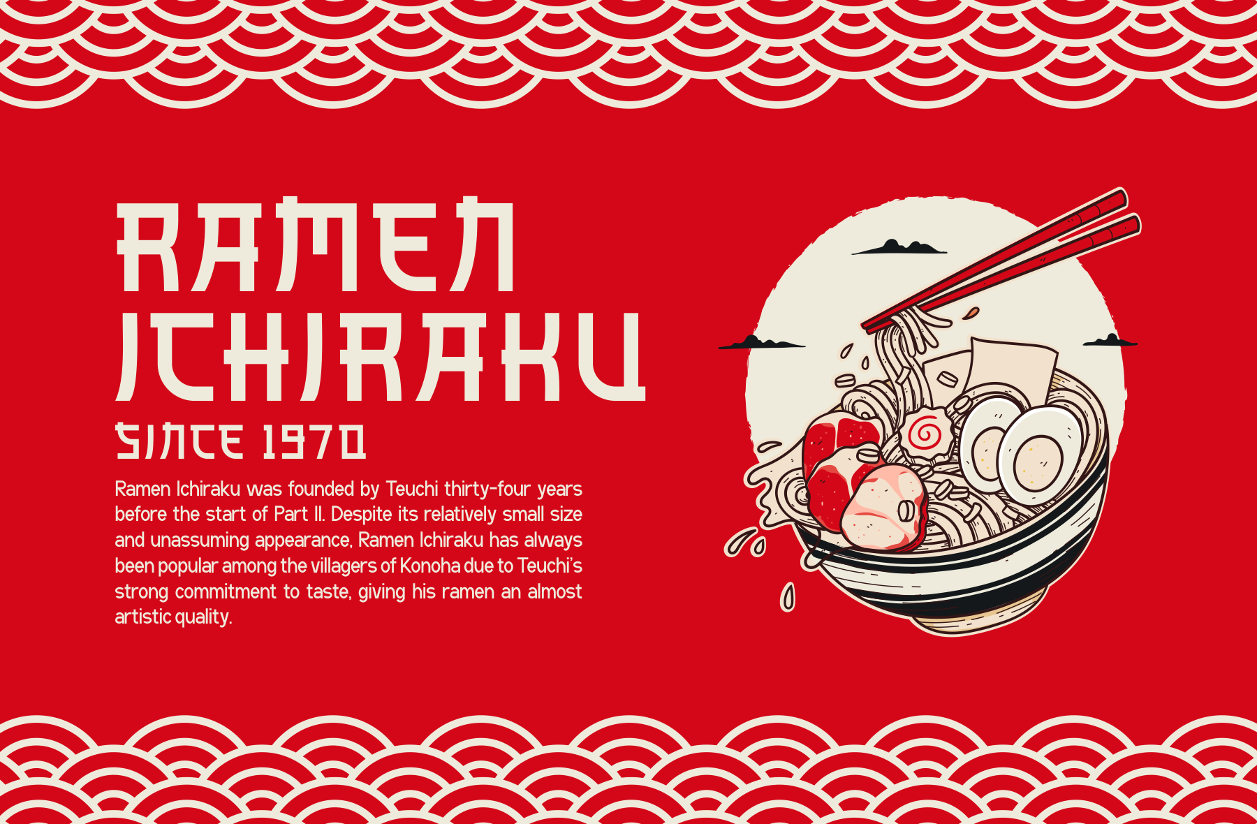 Ramen Ichiraku poster with bold white type on red, illustrated bowl with noodles, chopsticks, traditional Japanese wave borders