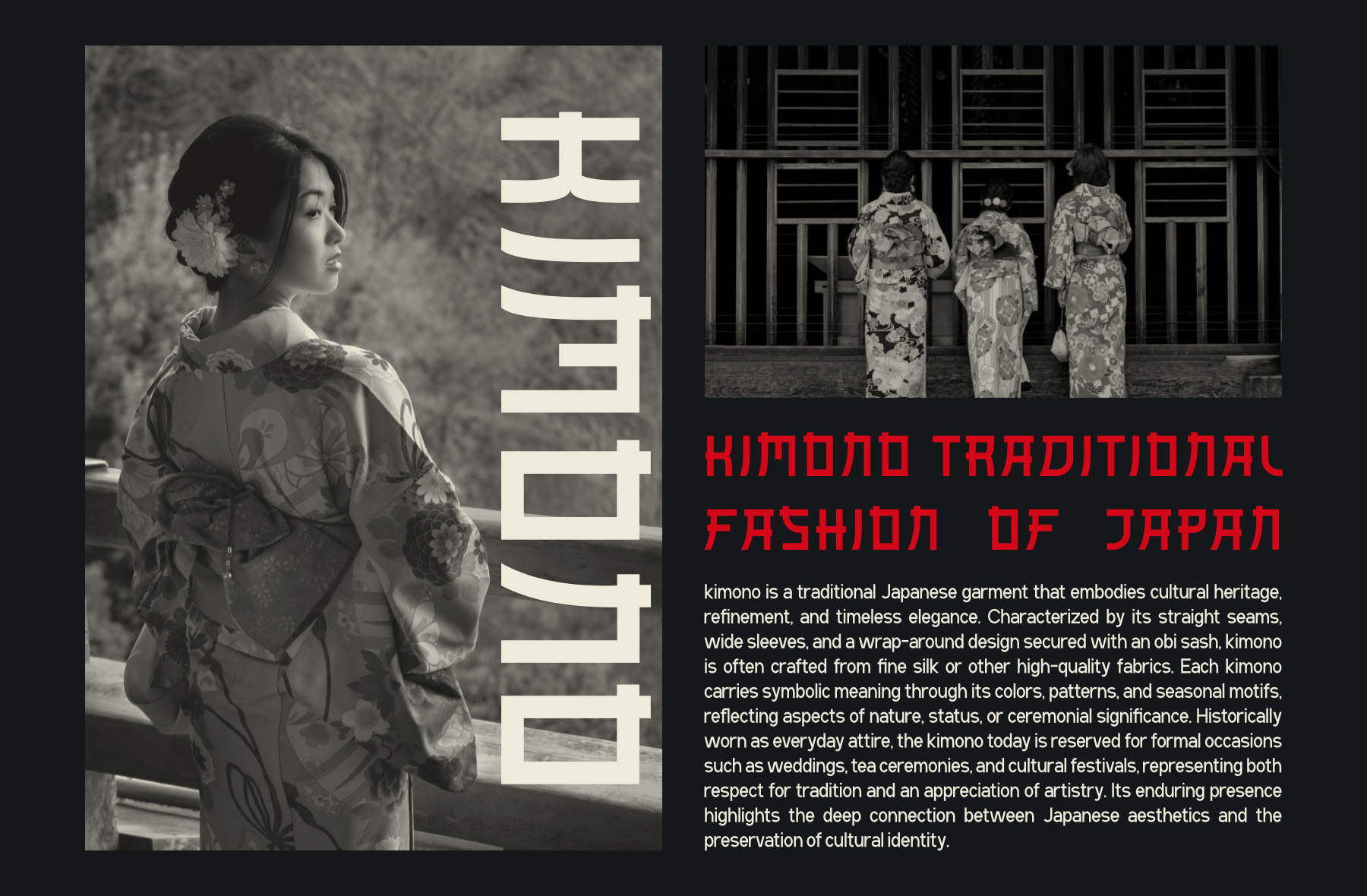 Kimono lookbook layout with black white photography of woman in traditional Japanese garment with bold typography