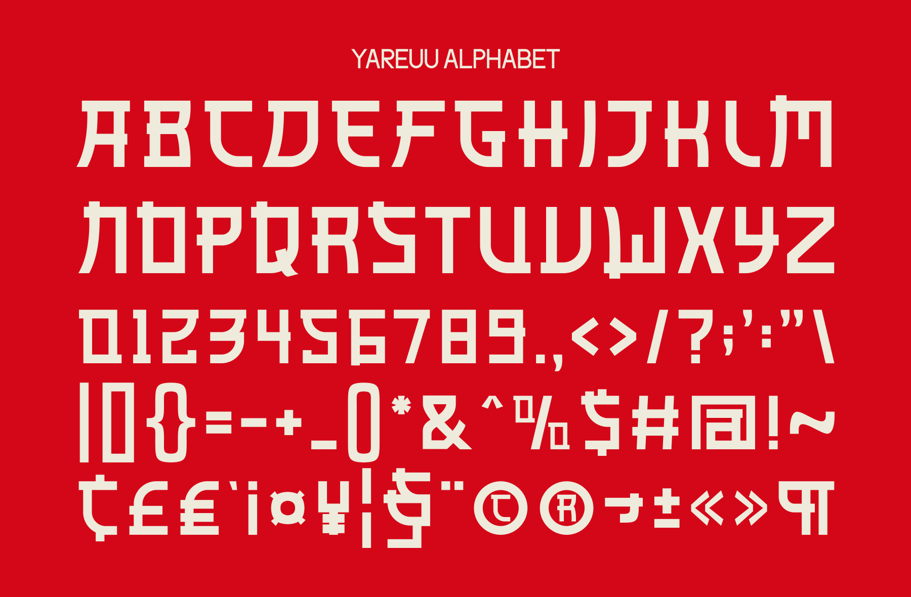 Yareuu Alphabet typeface showing full character set on bright red background