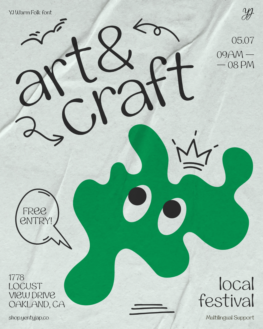 YJ Warm Folk font displayed on crumpled paper with playful green creature, event details, doodles