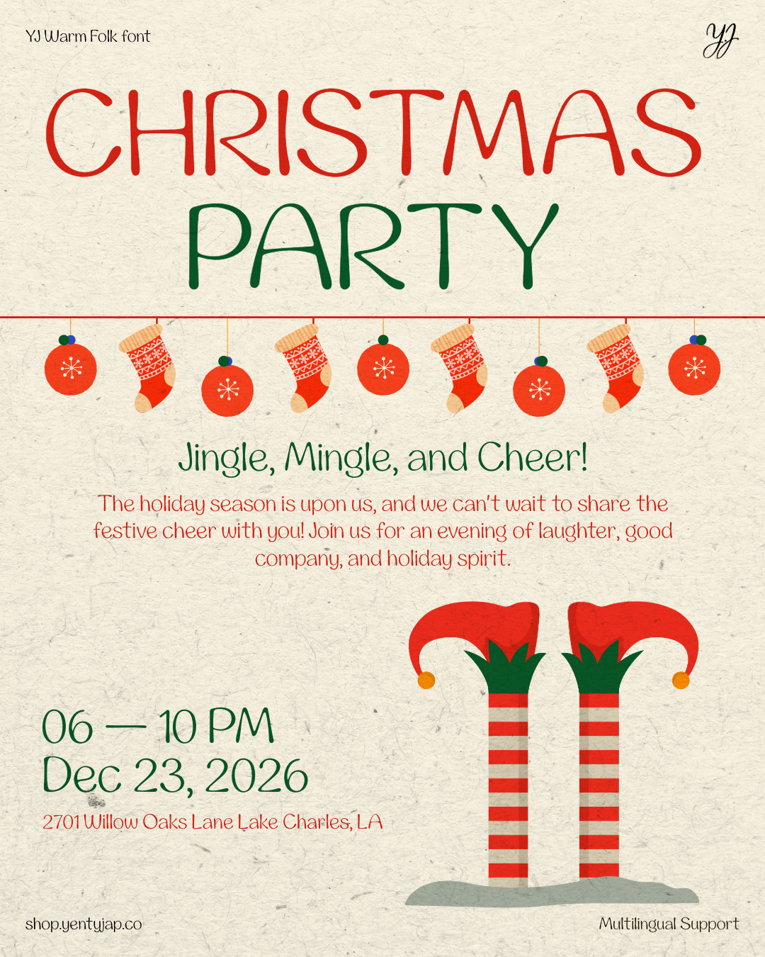 Warm folk Christmas party poster with red stockings, ornaments, elf legs in striped socks