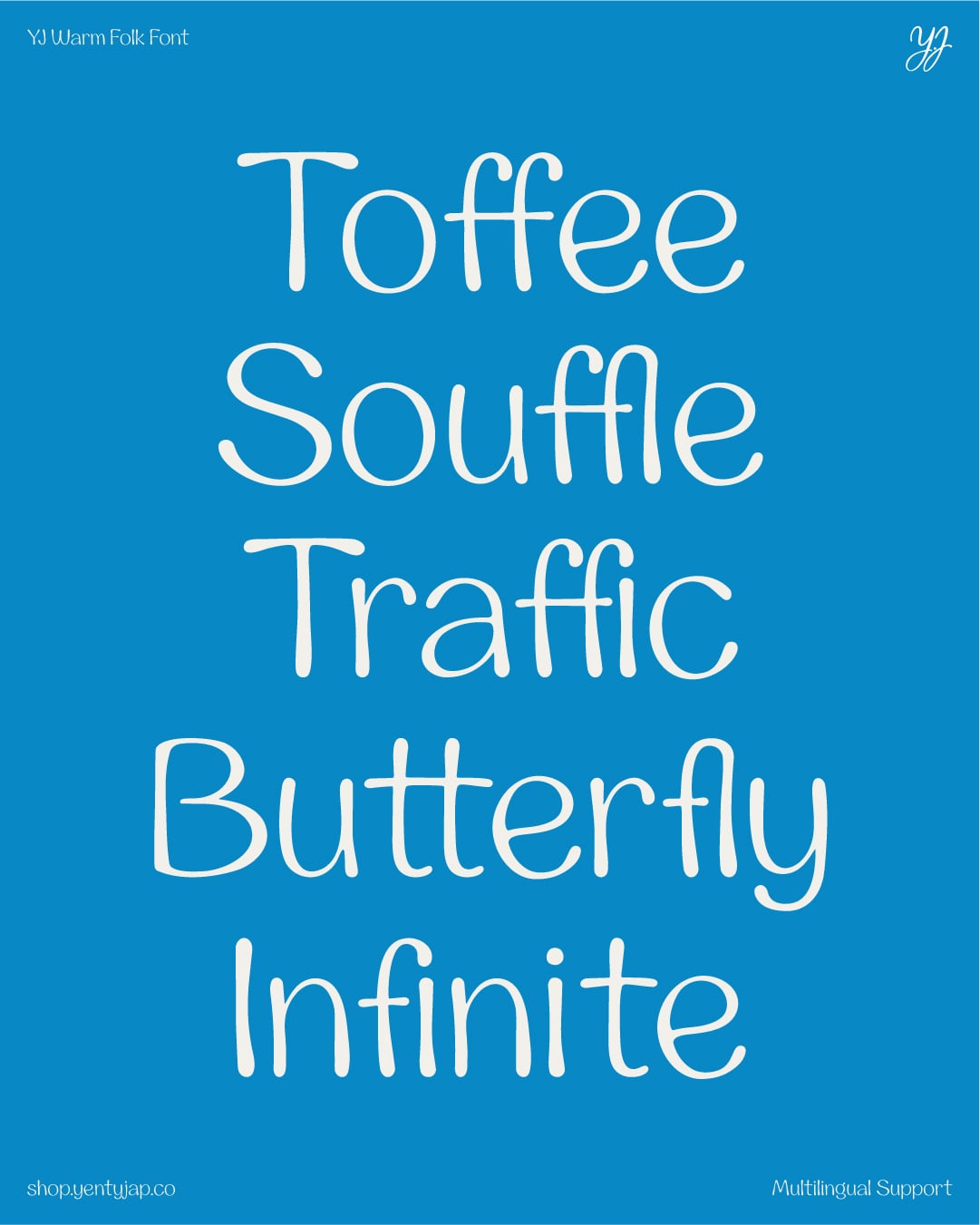 YJ Warm Folk Font displaying sample text on bright blue background