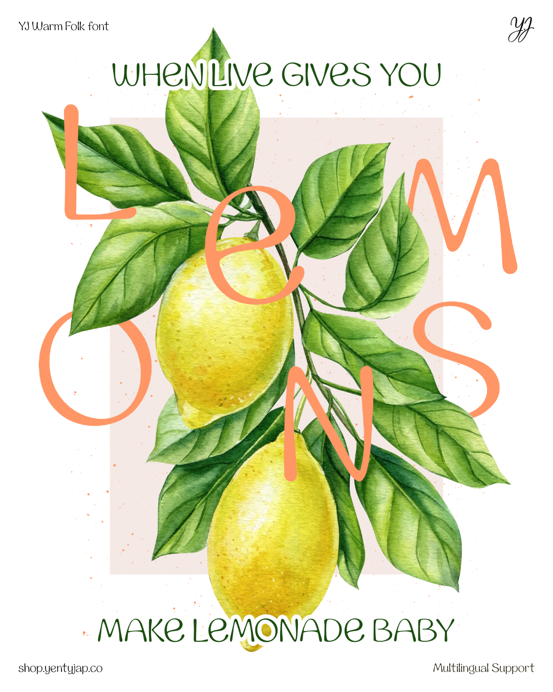 YJ Warm Folk font displayed with lemon branch illustration, green leaves, coral lettering on soft pink background