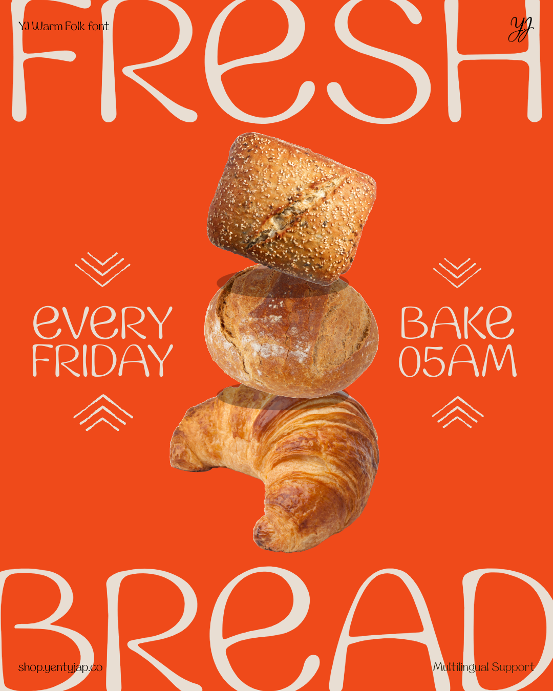 Fresh bread poster with stacked croissant, roll, seeded roll on bright orange background