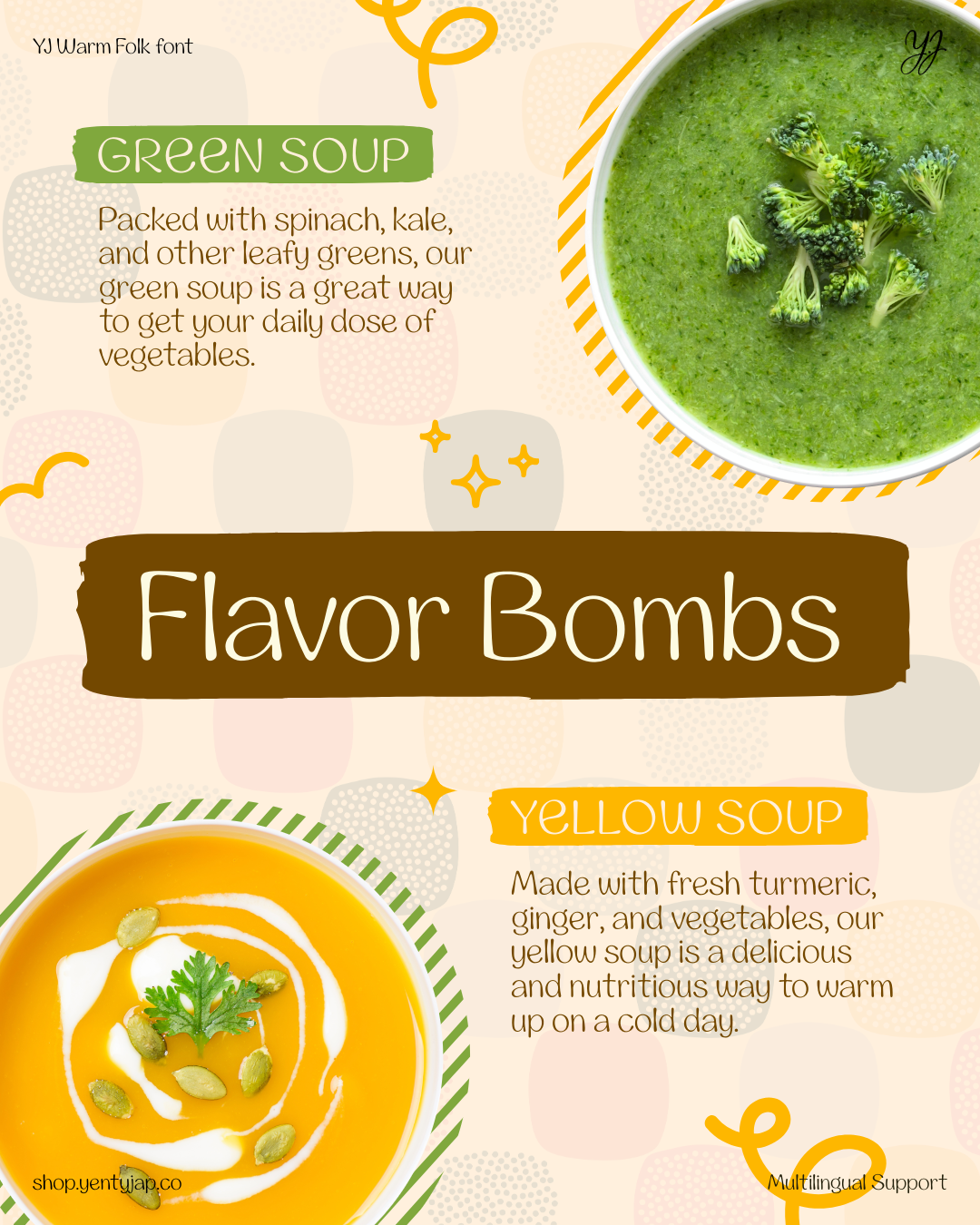 YJ Warm Folk font with green soup bowl, yellow soup bowl, decorative elements on cream background