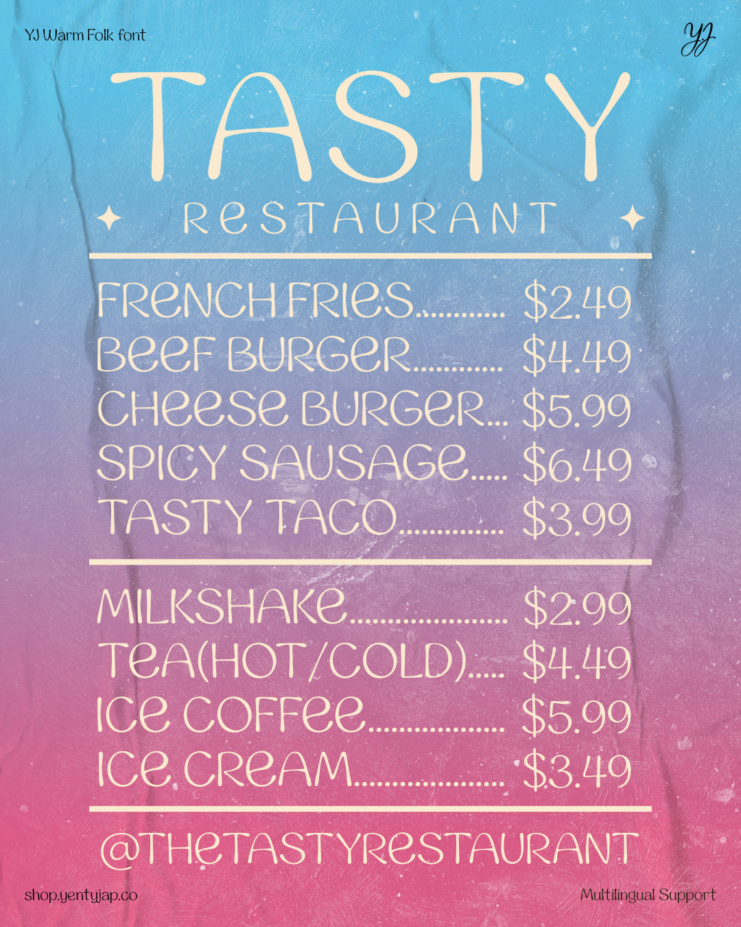 Warm Folk font menu mockup with food pricing on gradient blue to pink background