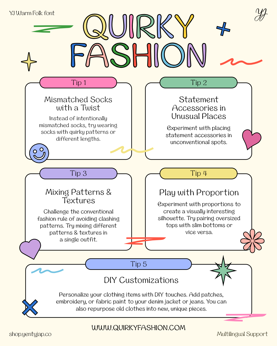 YJ Warm Folk font displaying colorful outlined letters with five quirky fashion tips in playful boxes