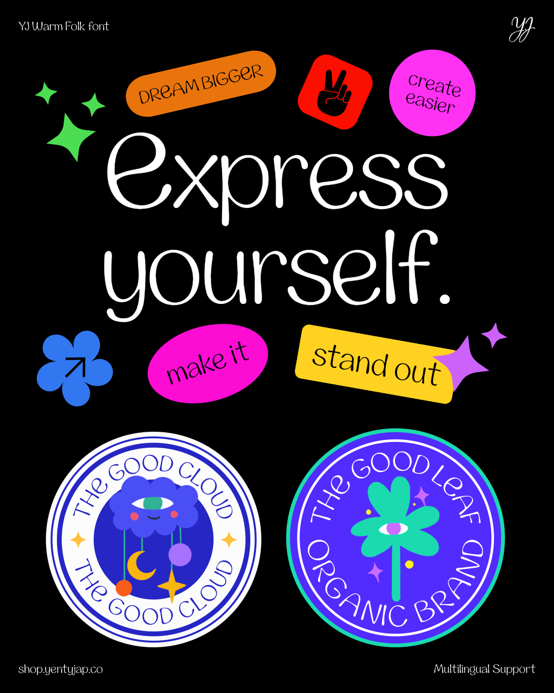YJ Warm Folk font showcase with colorful badges, motivational text, organic stamps on black