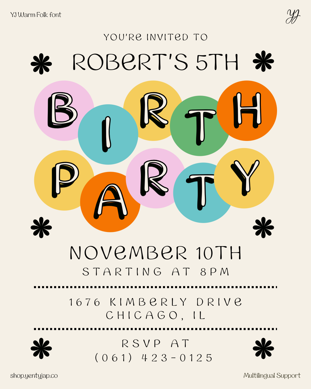 Retro birthday party invitation with colorful circles, playful font, event details for November 10th