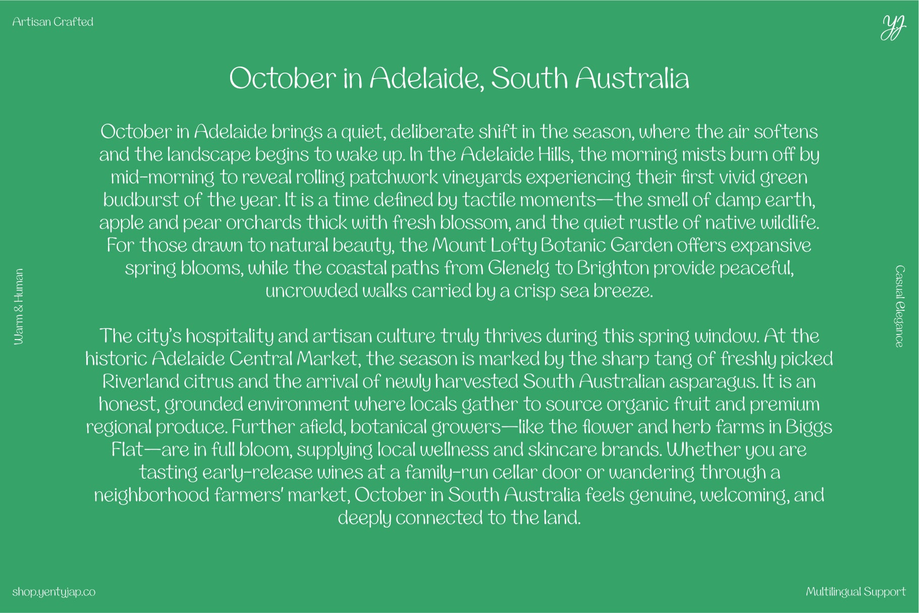Long-form text layout on soft green background about Adelaide spring season