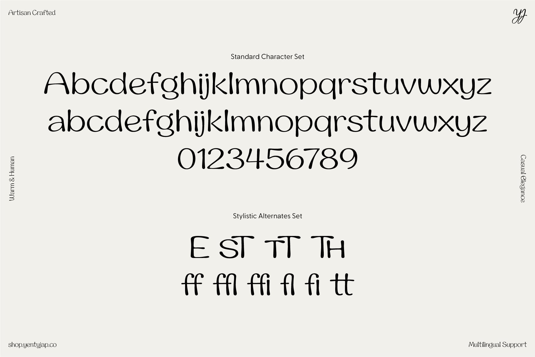 Artisan Crafted serif font showing uppercase, lowercase, numbers, stylistic alternates with ligatures
