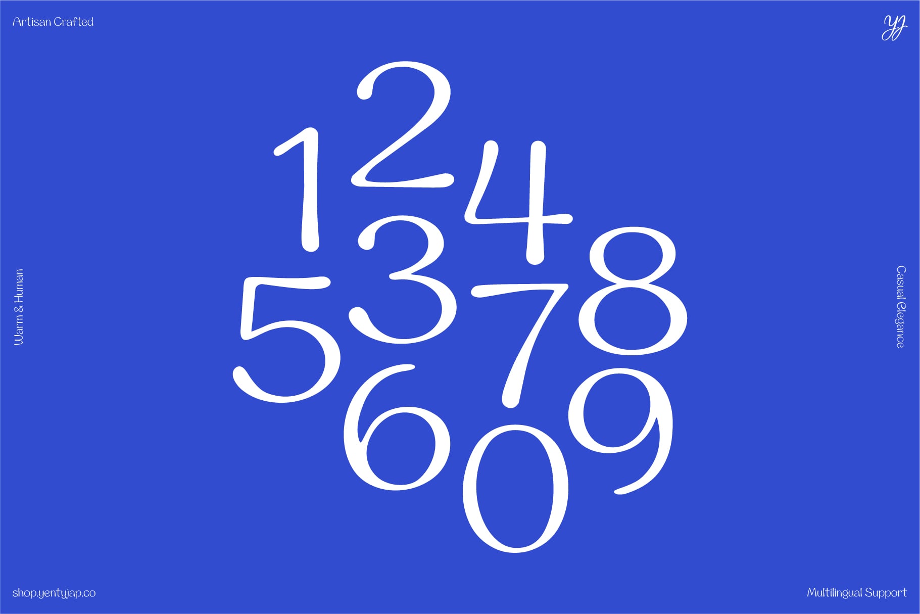 Casual Elegance font displaying numbers 0-9 in white outline style on vibrant blue