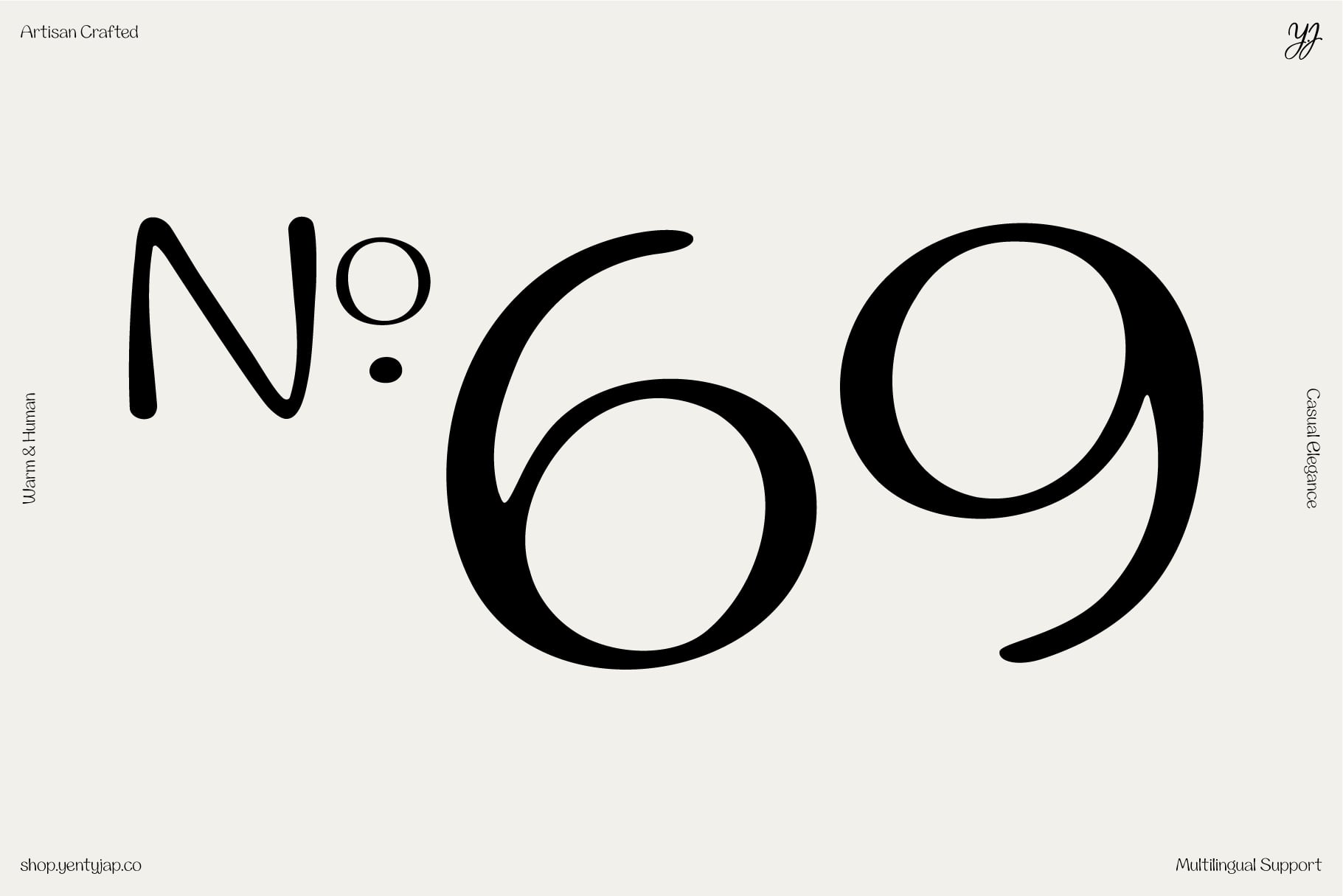 Minimalist display showing "No.69" in bold rounded typeface on cream background