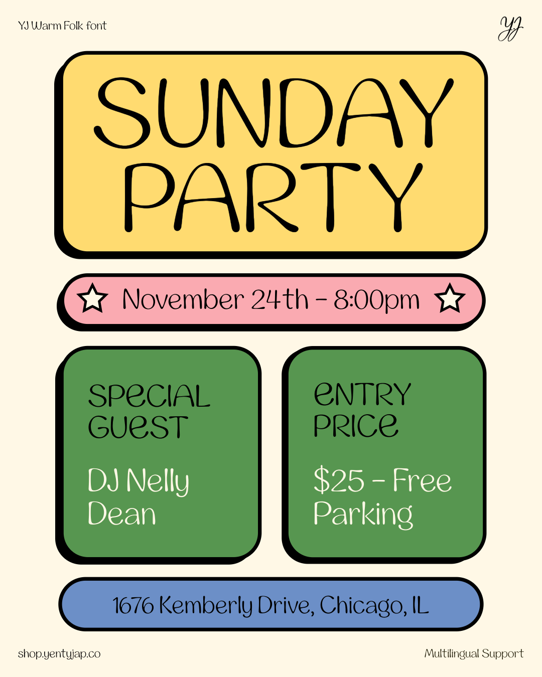 YJ Warm Folk font displayed on a colorful event flyer layout with party details